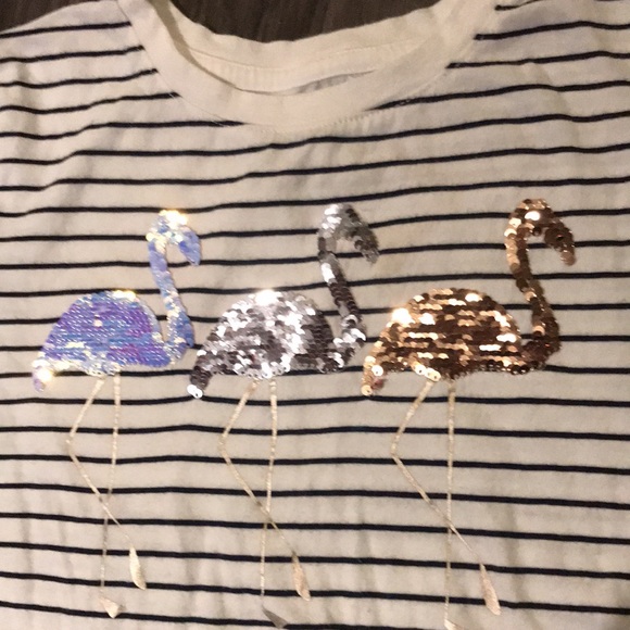 Gap White and Black Stripe T-shirt with flamingo flip sequins, NWOT - Picture 3 of 5